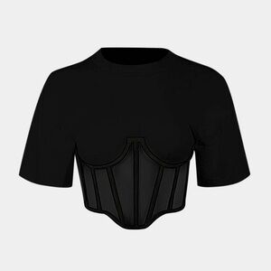 MICAS Zipper Short Sleeve Round Neck Corset Waist T-Shirt